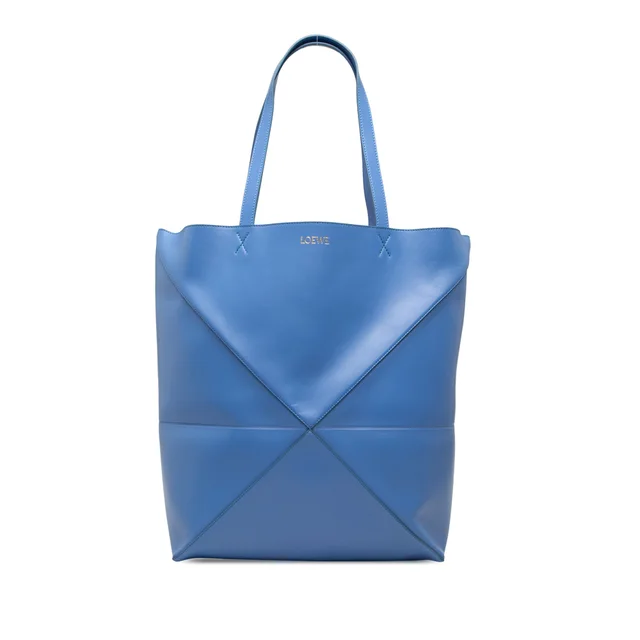 Blue LOEWE Large Shiny Calfskin Puzzle Fold Tote in Blue Calfskin from Designer Revival