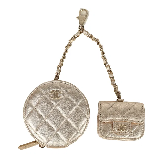 Chanel Round Clip-On Coin Purse and Airpod Pro Case Metallic Gold Goatskin Light Gold Hardware in Gold Goatskin from Madison Avenue Couture
