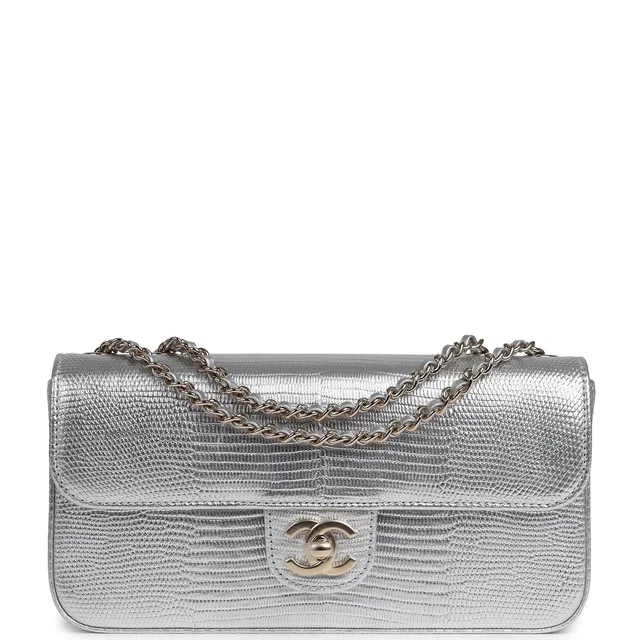 Chanel East West Flap Bag Silver Metallic Lizard Embossed Calfskin Light Gold Hardware in Silver Calfskin from Madison Avenue Couture