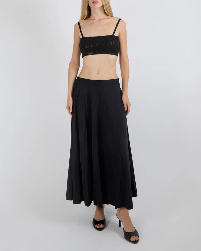 Valentino Garavani Black Pleated Maxi Skirt with Elastic Waistband and Red Logo Detail Size XS (UK 6) in Black from Sellier