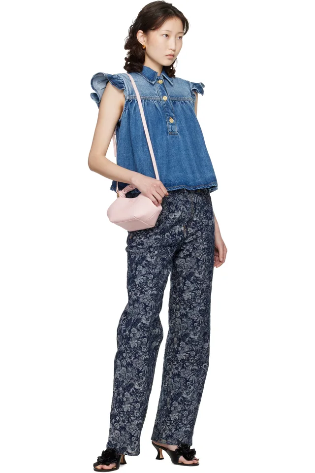 GANNI Blue Denim Ruffle Top, photo 4 of 4 from SSENSE