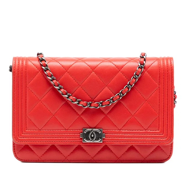 Red Chanel Quilted Lambskin Boy Wallet On Chain Crossbody Bag in Red Lambskin from Designer Revival