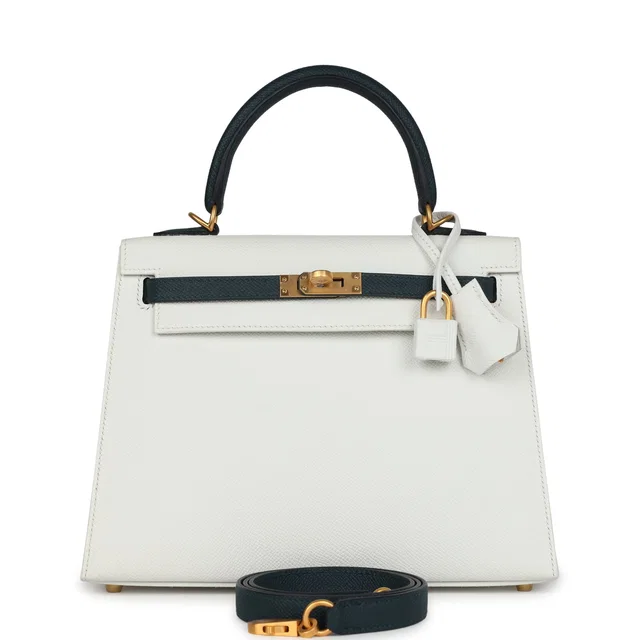 Hermès Special Order (HSS) Kelly Sellier 25 White, Vert Cypress Epsom Brushed Gold Hardware in White Epsom leather from Madison Avenue Couture