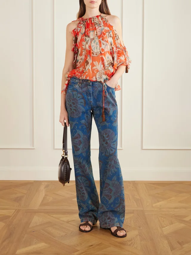 ETRO Off-the-shoulder asymmetric tasseled ruffled printed silk-chiffon blouse in Orange, photo 2 of 2 from NET-A-PORTER (Canada)
