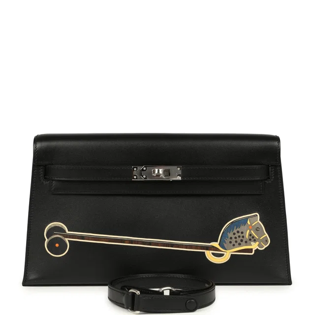 Hermès Kelly Elan "Cheval De Bois" Black and Multi Tadelakt Palladium Hardware in Black Lambskin from Madison Avenue Couture