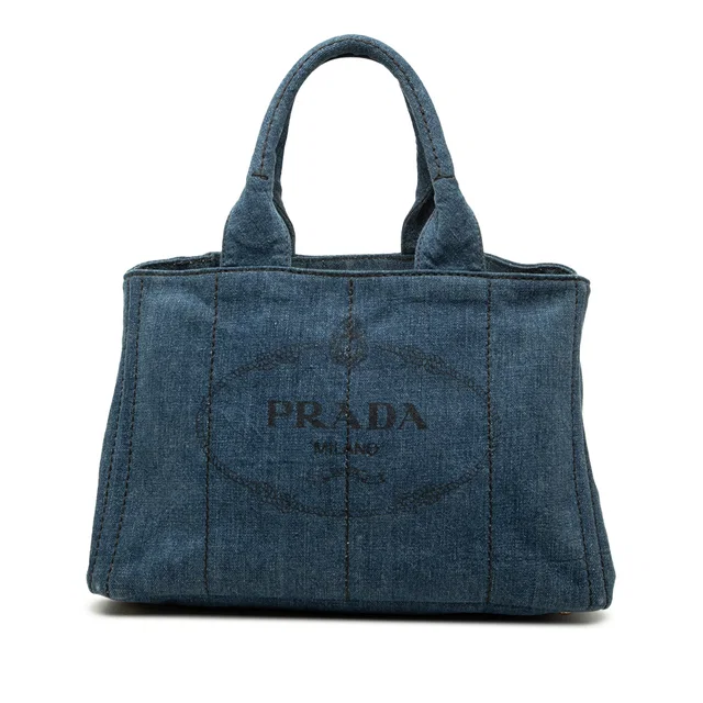 Blue Prada Denim Canapa Logo Tote Satchel in Blue Denim from Designer Revival