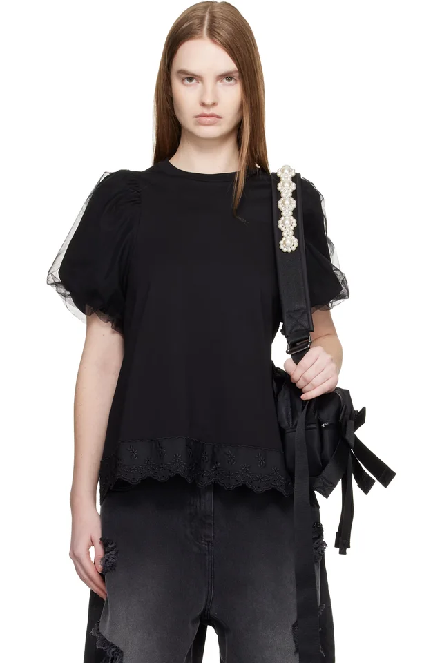 Simone Rocha Black Tulle Overlay Puff Sleeve Lace Trim T-shirt from SSENSE, photo 1 of 1