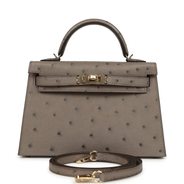 Hermès Special Order (HSS) Kelly Sellier 20 Graphite Verso Ostrich Permabrass Hardware in Grey Ostrich from Madison Avenue Couture