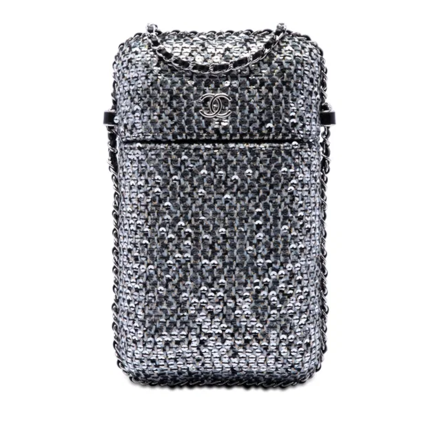Silver Chanel CC Tweed and Sequin Chain Around Phone Holder Crossbody Bag in Silver Tweed from Designer Revival