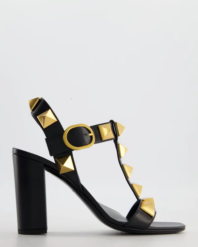 Valentino Garavani Black Gold Rockstud Block Heel Sandal Size EU 37 in Black Leather from Sellier