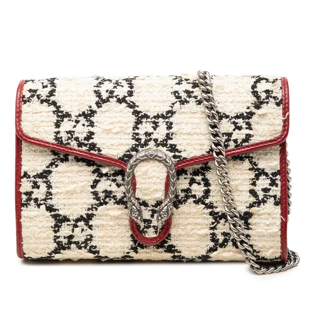 White Gucci GG Tweed Dionysus Wallet on Chain Crossbody Bag in White Tweed from Designer Revival
