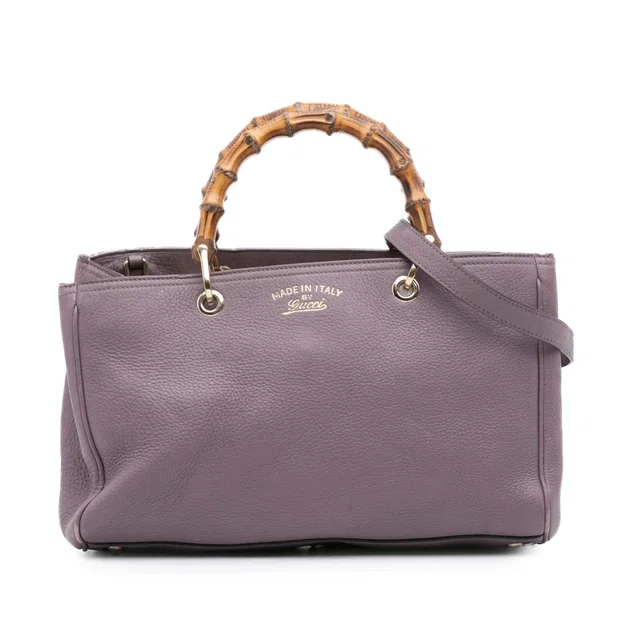 Purple Gucci Medium Calfskin Bamboo Shopper Satchel in Purple Calfskin from Designer Revival