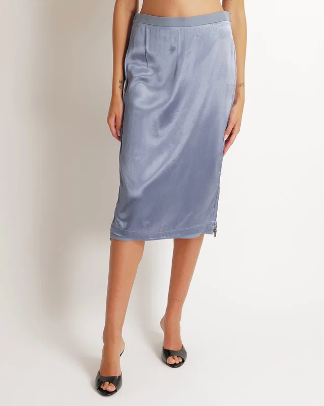 Fendi Blue Satin Midi Skirt with Back Logo and FF Zip Details Size IT 40 (UK 8) in Blue Satin from Sellier