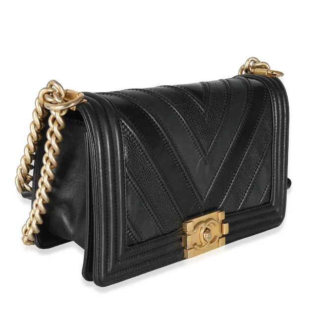 Chanel Black Calfskin Caviar The Mix Chevron Old Medium Boy Handbag Leather; Suede in Black Caviar leather from HEWI, photo 2 of 2