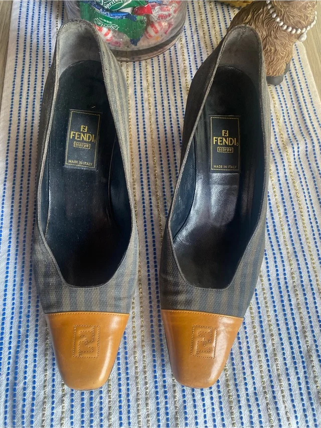 Fendi Brown Canvas Zucca Block Pumps Made In Italy Marked Vintage Sz 7 in gray|brown|red Canvas from Poshmark