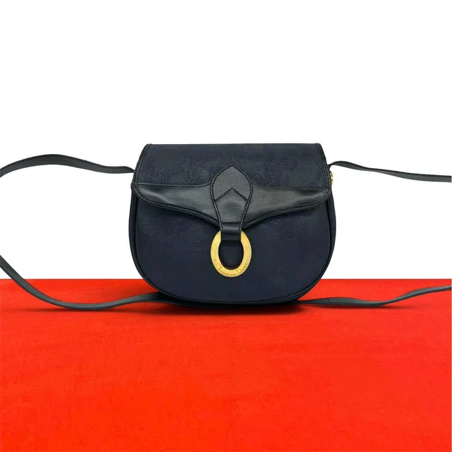 Dior Vintage Logo Trotter Leather Shoulder Bag Pochette Navy in Navy Leather from The Reluxe
