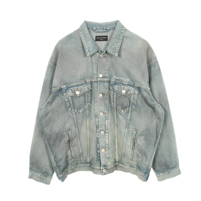 Balenciaga Mirrored Logo Distressed Denim Jacket in Denim from LuxUness