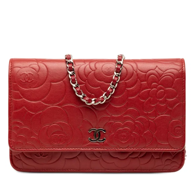 Red Chanel CC Embossed Lambskin Camellia Wallet On Chain Crossbody Bag in Red Lambskin from Designer Revival