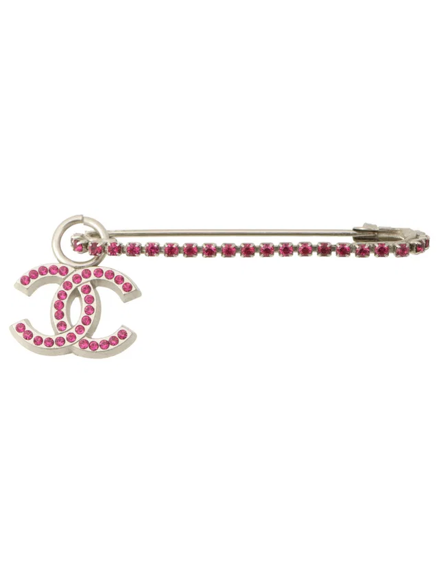 Chanel 2002 Rhinestone CC Mark Swing Brooch Silver/Pink in Pink from VINTAGE QOO TOKYO