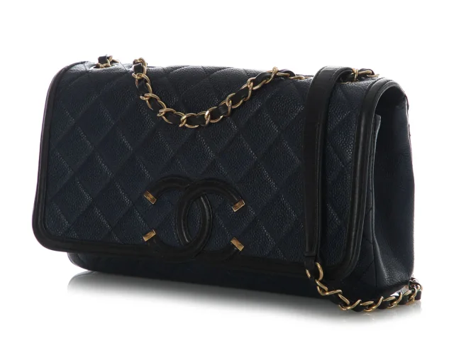 Chanel Medium Navy and Black Quilted Caviar CC Filigree Flap in Black Caviar leather from Ann's Fabulous Finds, photo 3 of 9