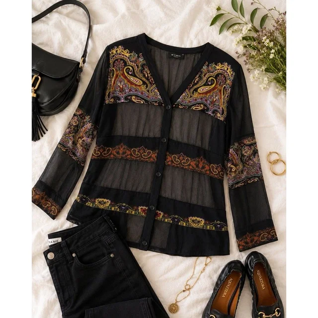 Etro Milano Sheer Paisley Button Front Blouse Made In Italy It 38 in black from Poshmark