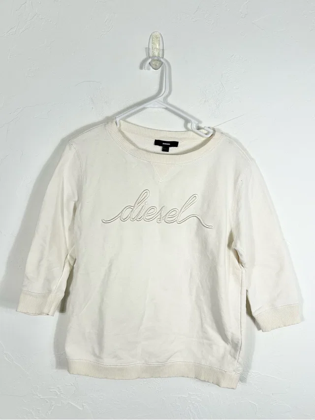 Diesel Women's White Cursive Script Embroidered Logo Sweatshirt 3/4 Sleeve in White from Poshmark