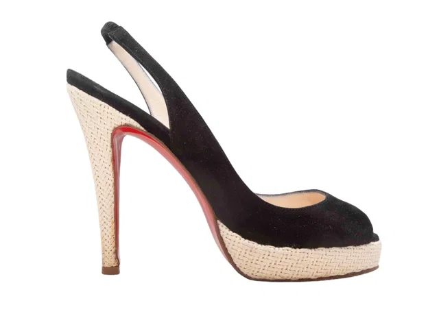 Black & Beige Christian Louboutin Straw-Trimmed Peep-Toe Heels Size 36.5 in Black Raffia from Designer Revival