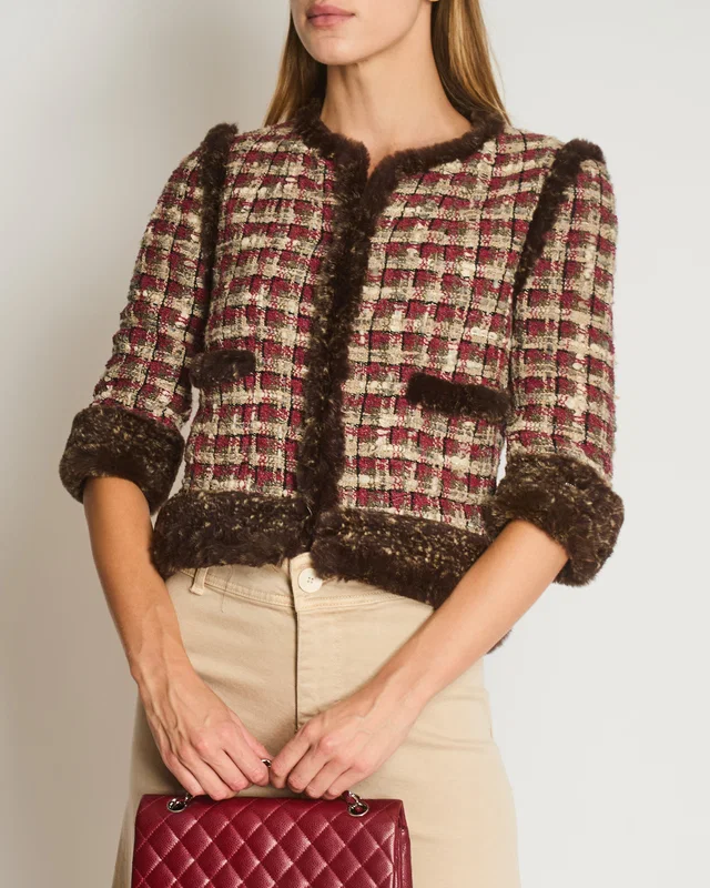 Chanel Red, Beige and Grey Tweed Jacket with Rabbit Fur Trim Detail Size FR 36 (UK 8) in Beige Tweed from Sellier