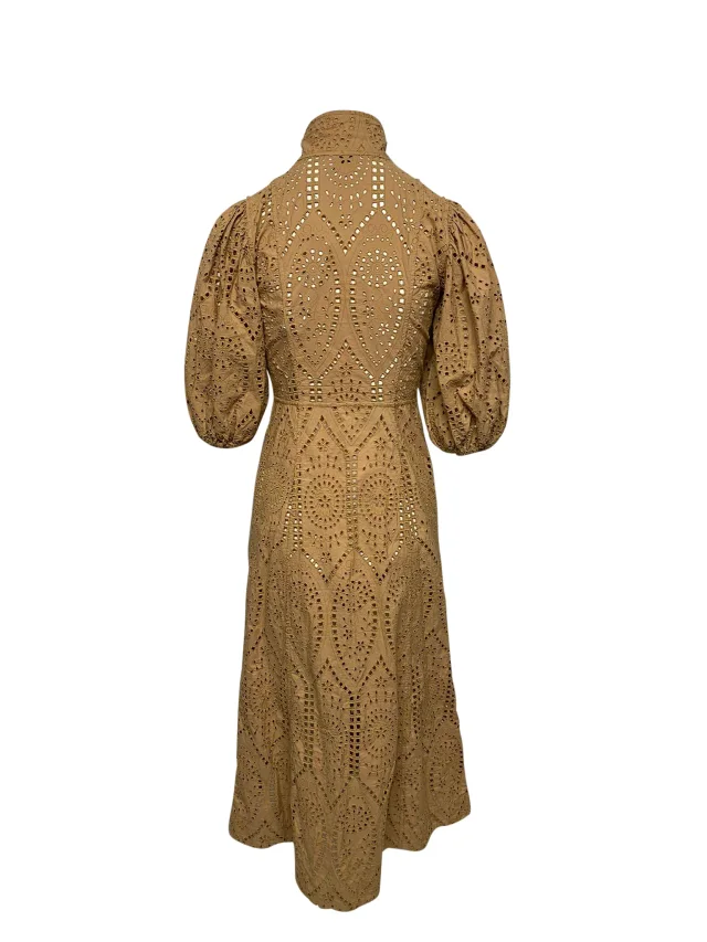 GANNI Broderie Anglaise Dress in Brown Cotton in Brown, photo 2 of 6 from ShopSimon