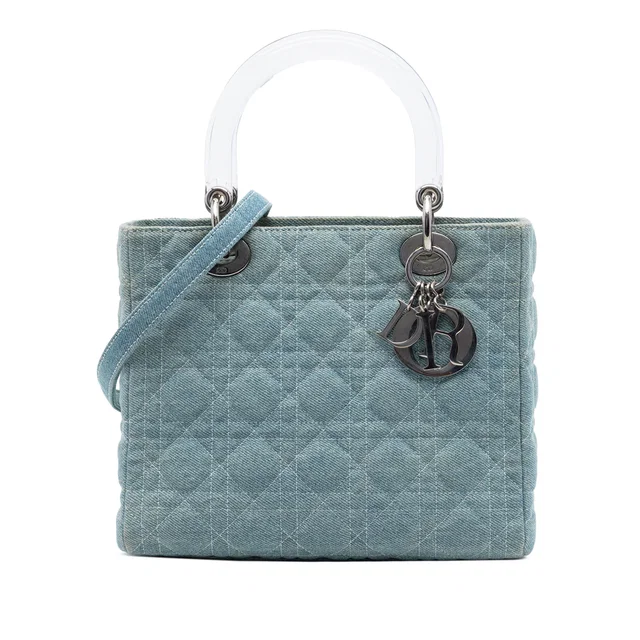 Blue Dior Medium Denim Cannage Acrylic Handles Lady Dior Satchel in Blue Denim from Designer Revival