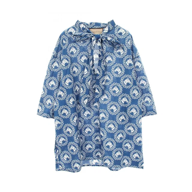 Gucci Blouse Cotton Muslin Hose Print Bow Tie Shirt Blue in Blue from The Reluxe