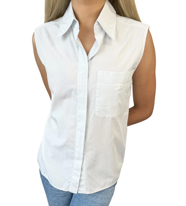 Chanel Vintage 99P CC Logo Sleeveless Striped Shirt Blouse #36 Top Blue Cotton in Blue from Luxury Promise