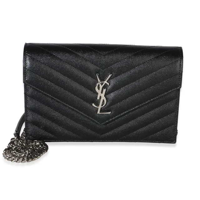 Saint Laurent Black Grain De Poudre Cassandre Envelope Chain Wallet in Black Leather from myGemma