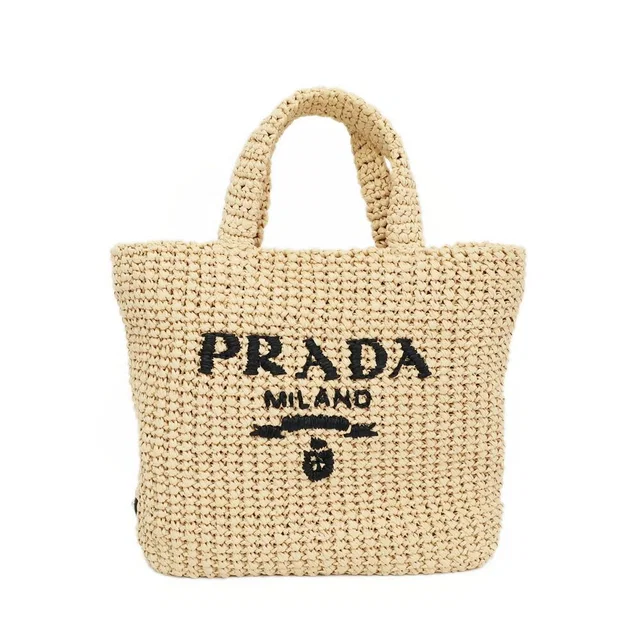 Prada Ten Crochet Tote Bag Raffia Natural Triangle Logo Basket in Beige Raffia from The Reluxe