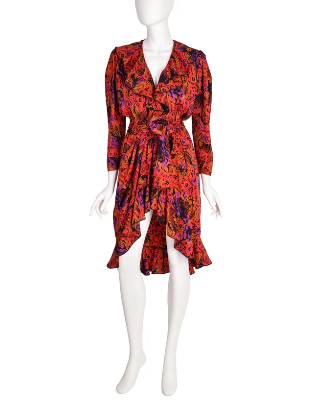 Saint Laurent Vintage Red Multicolor Floral Silk Jacquard Ruffle Wrap Dress in Red Silk from Amarcord Vintage Fashion
