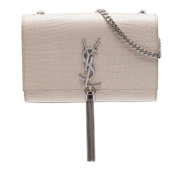 Brown Saint Laurent Medium Croc Embossed Leather Monogram Kate Tassel Crossbody in Brown Crocodile from Designer Revival