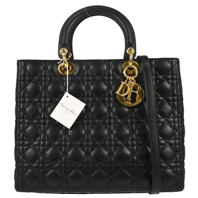 2000 Black Lambskin Large Lady Dior Cannage 2way Shoulder Handbag in Black Lambskin from AMORE Vintage Tokyo