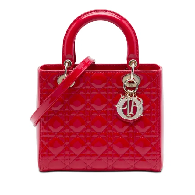 Red Dior Medium Patent Cannage Lady Dior Satchel in Red Patent leather from Designer Revival