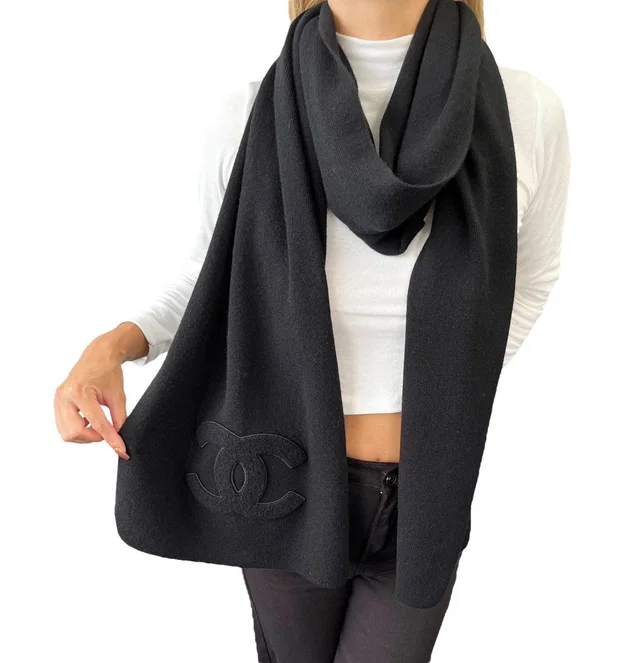 Chanel Vintage CC Big Logo Muffler Scarf Wrap Accessory Black Cashmere Patch in Black Cashmere from Luxury Promise