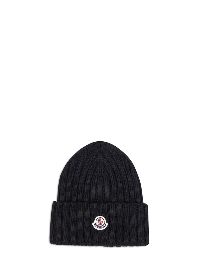 Moncler L20933b00036a9327999 Ribbed Virgin Wool Beanie — Black Beanies in Black Wool from HEWI