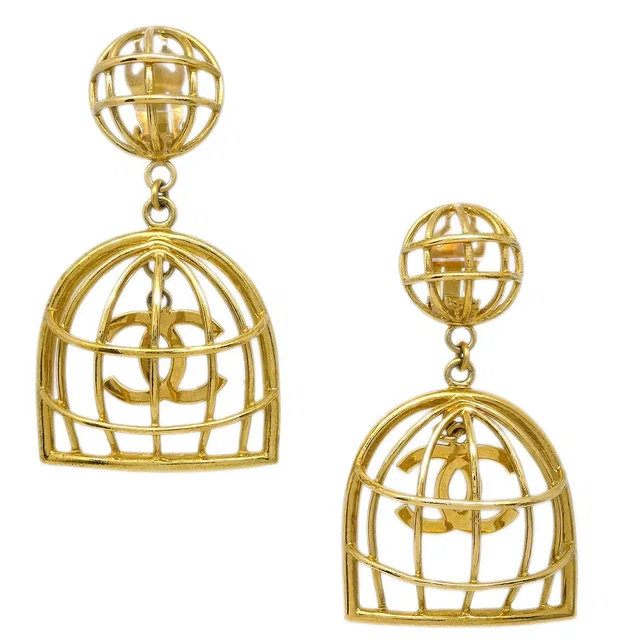 Chanel Birdcage Dangle Earrings Clip-On Gold 29 in Gold from AMORE Vintage Tokyo