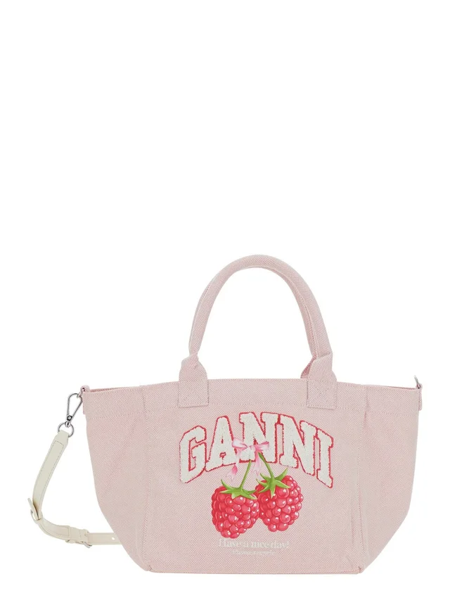 GANNI Pink Small Tote Bag with Raspberry Print and Logo Lettering on the Front in Cotton for Women in Pink, photo 2 of 10 from Gaudenzi Boutique