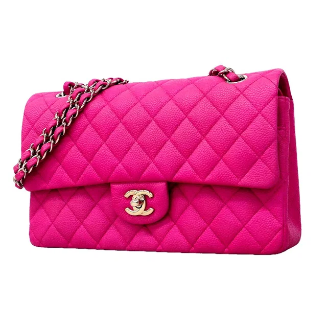 Chanel Shoulder Bag Quilted Caviar Leather Pink Silver in Pink Caviar leather from The Reluxe