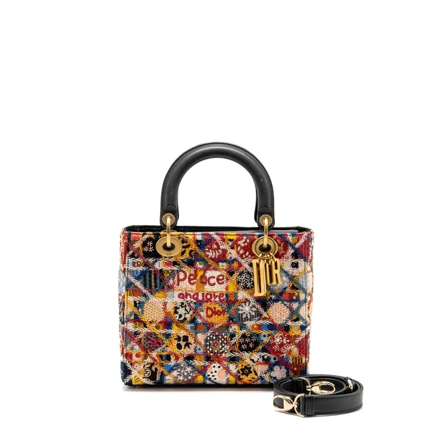 Medium Lady Dior Peace and Love Limited Edition Embroidered Canvas/Leather Multicolour GHW in Canvas from EMIER