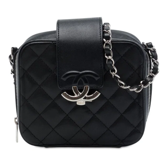 Black Chanel Mini Quilted Lambskin CC Box Camera Bag in Black Lambskin from Designer Revival