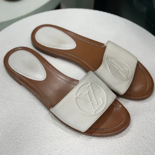 Louis Vuitton Lock It Leather Sandals Sz 38 in White Leather from Revivre Luxury Consignment