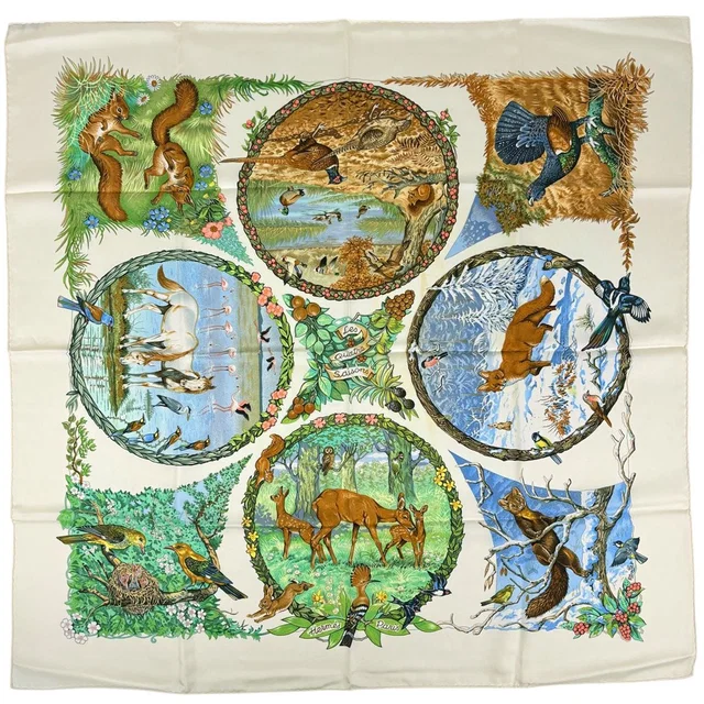 Hermès Carre 90 les Quatre Saisons Four Seasons Scarf Silk Yellow Multicolor in Yellow Silk from The Reluxe