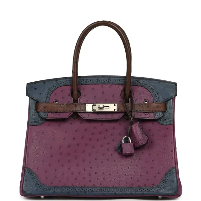 Hermès Birkin Ghillies 30 Violet, Bleu De Malte, Chocolat Ostrich Palladium Hardware in Blue Ostrich from Madison Avenue Couture