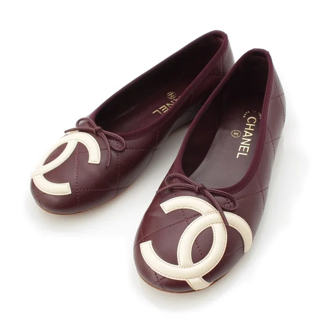 Chanel Coco Beach Lambskin CC Logo Ballerina Flat Pumps Burgundy Ivory in White Lambskin from The Reluxe
