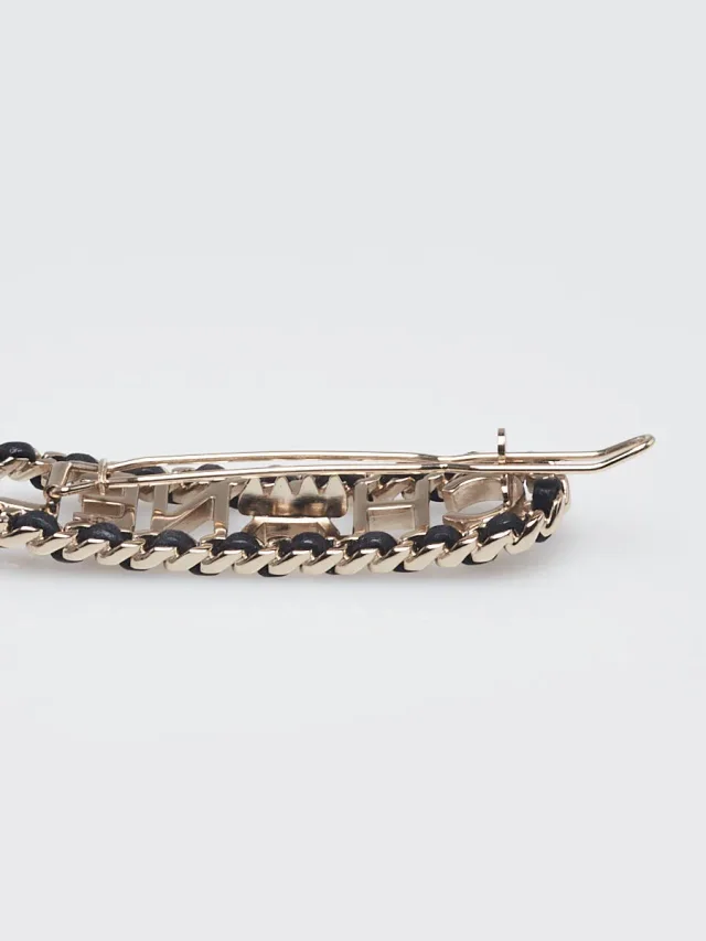 Chanel Goldtone Metal and Black Lambskin Leather Allure Logo Hair Clip in Black Lambskin from Yoogis, photo 4 of 6